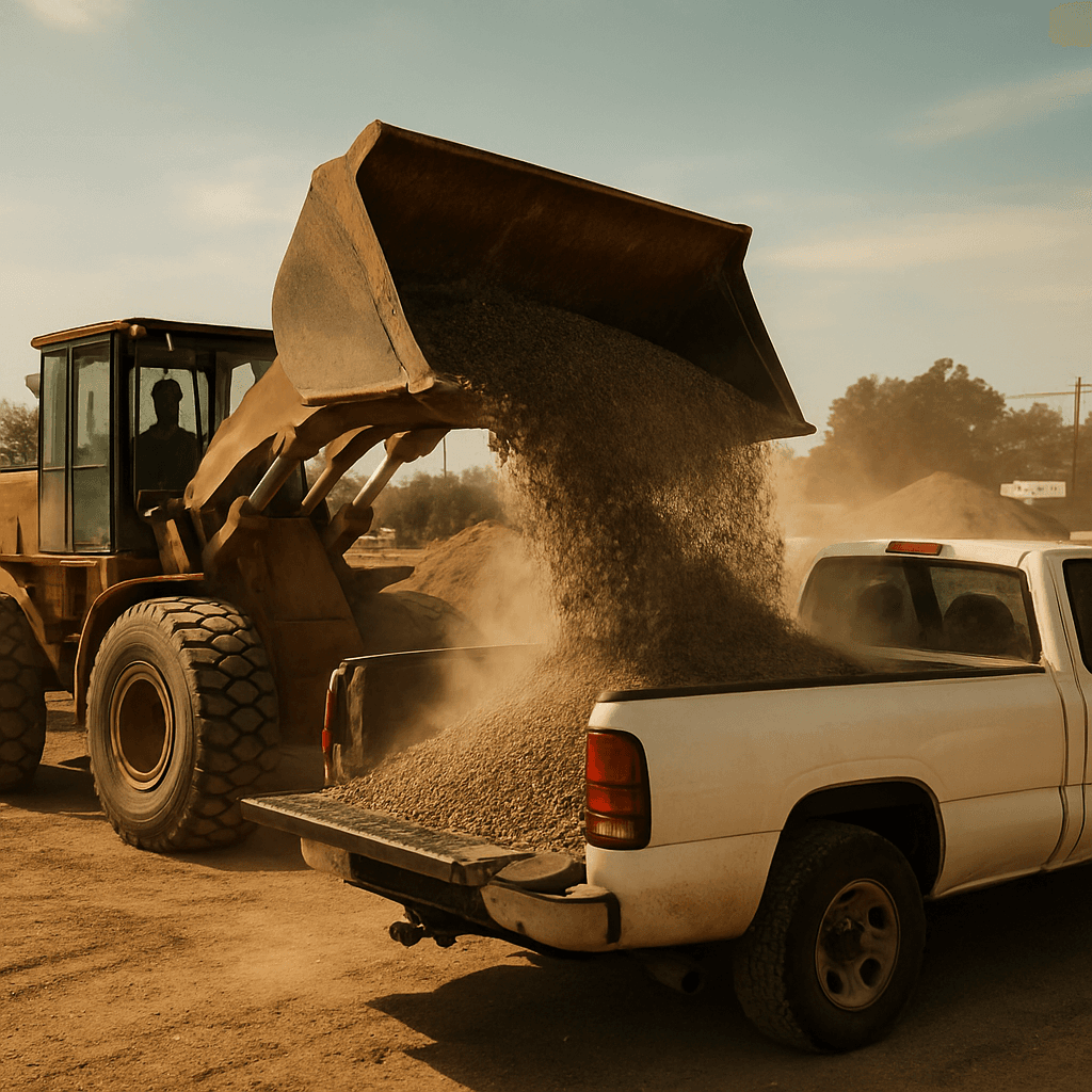 Loader filling a customer truck with bulk gravel at the Round Rock Landscape Supplies yard