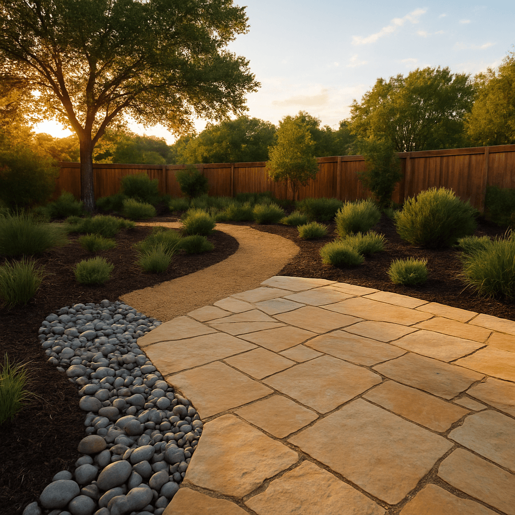 Backyard patio & garden retreat in Round Rock, TX — finished project using Patio Stone & Flagstone, Decomposed Granite, Mulch, River Rock