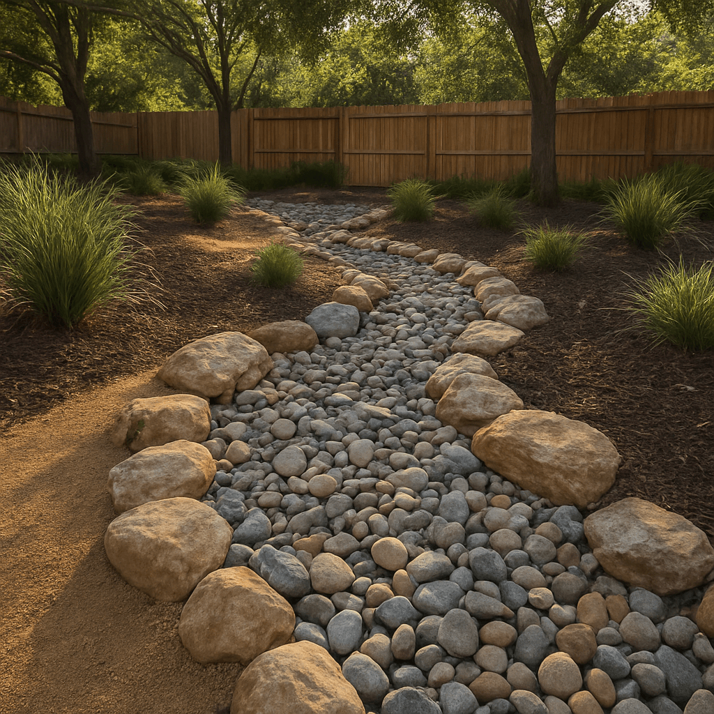 Dry creek bed drainage feature in Georgetown, TX — finished project using River Rock, Stone Boulders, Decomposed Granite, Mulch