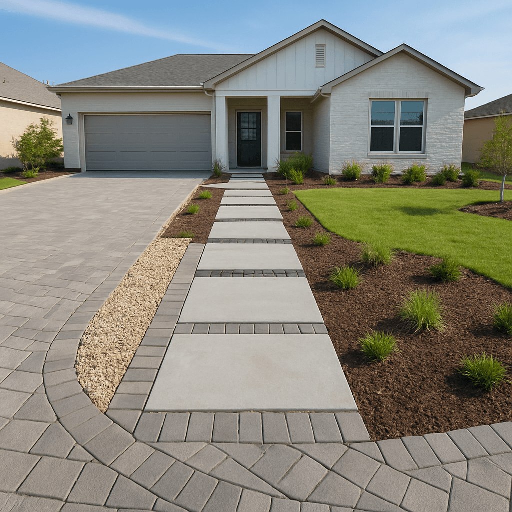 Paver driveway & front walkway in Austin, TX — finished project using Slabs & Pavers, Road Base, Sand, Decorative Stone