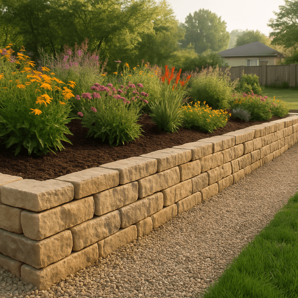 Limestone retaining wall & raised beds in Cedar Park, TX — finished project using Chopped & Sawn Stone, Topsoil & Garden Soil, Mulch, Pea Gravel