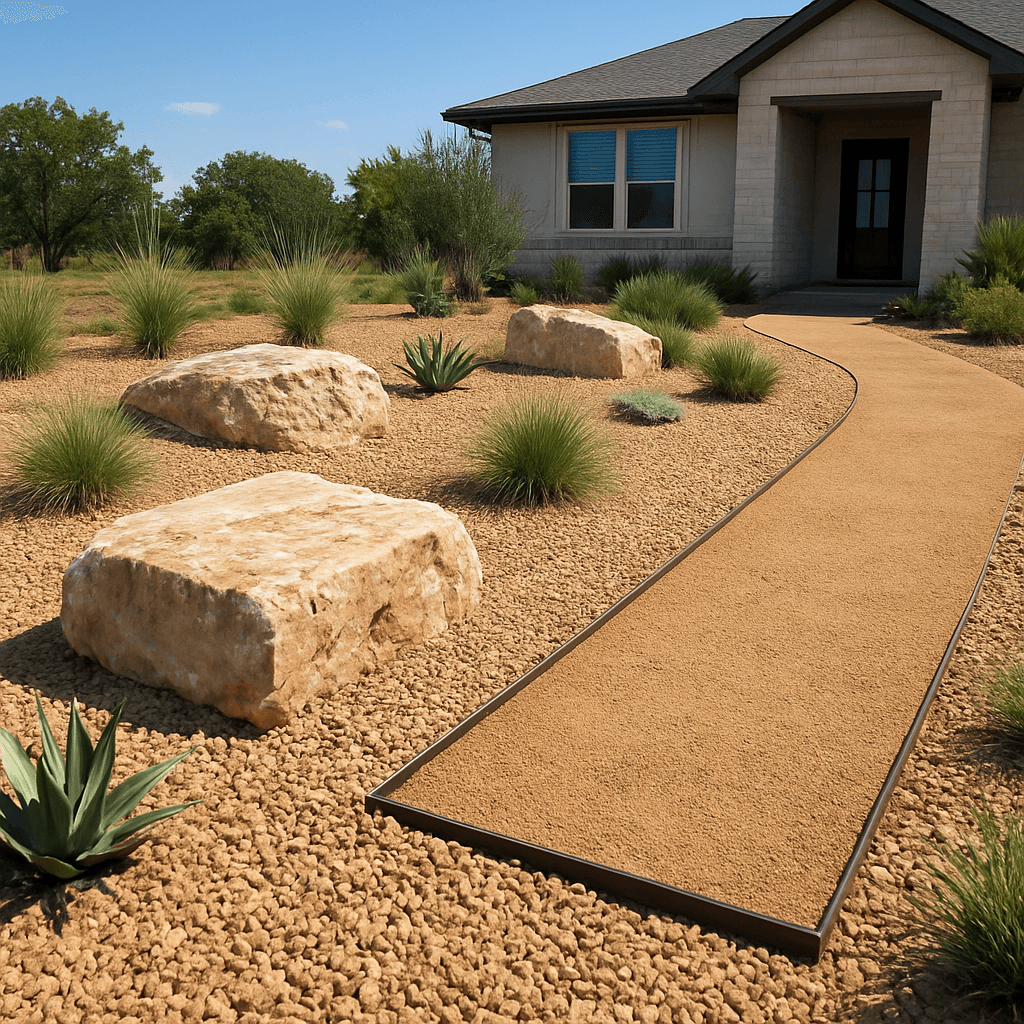 Drought-tolerant front yard xeriscape in Leander, TX — finished project using Decorative Stone, Stone Boulders, Decomposed Granite