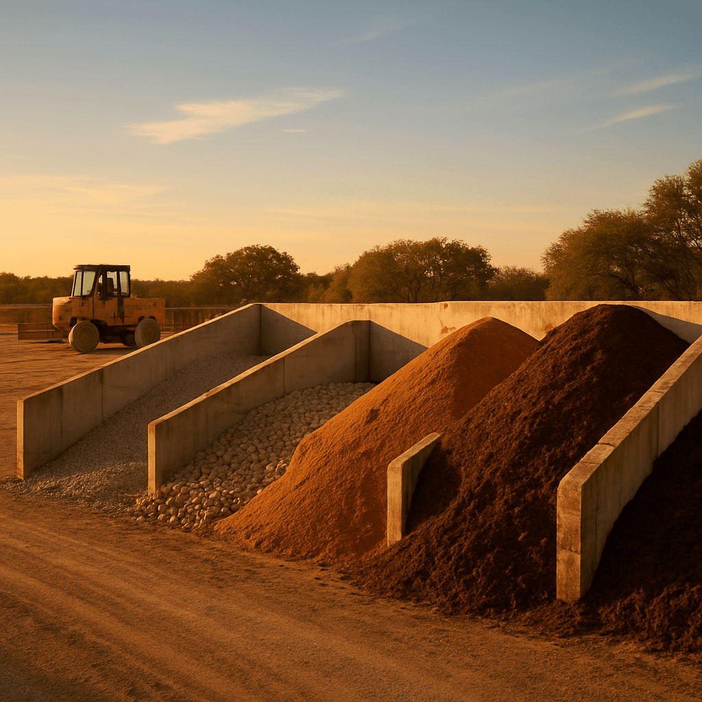 Bulk landscape material bins of gravel, river rock and mulch at a Central Texas supply yard